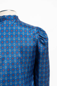 RAGAZZA VINTAGE BLUE AND RED PRINTED PUSSYBOW TOP