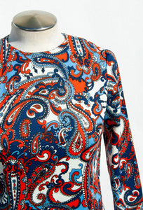 1970S RED WHITE AND BLUE PAISLEY TUNIC TOP