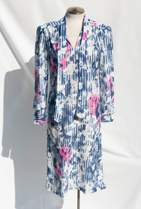 VINTAGE 1970S BLUE AND PINK FLORAL STRIPED LONGSLEEVE DRESS