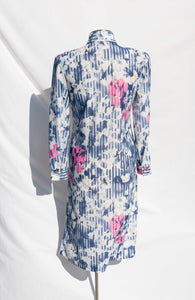 VINTAGE 1970S BLUE AND PINK FLORAL STRIPED LONGSLEEVE DRESS