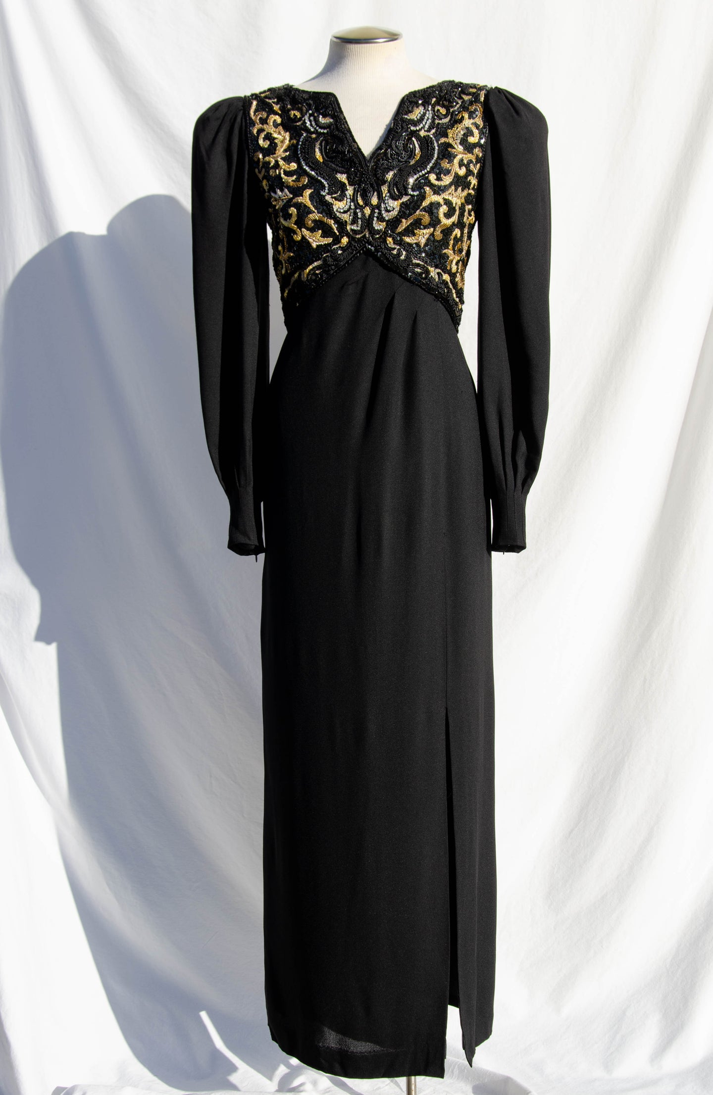RICHILENE VINTAGE 1980S BLACK AND GOLD BEADED AND BRAIDED GOWN