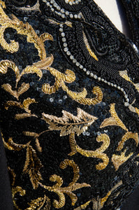 RICHILENE VINTAGE 1980S BLACK AND GOLD BEADED AND BRAIDED GOWN