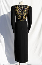 RICHILENE VINTAGE 1980S BLACK AND GOLD BEADED AND BRAIDED GOWN
