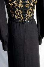 RICHILENE VINTAGE 1980S BLACK AND GOLD BEADED AND BRAIDED GOWN