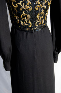 RICHILENE VINTAGE 1980S BLACK AND GOLD BEADED AND BRAIDED GOWN