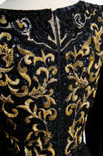 RICHILENE VINTAGE 1980S BLACK AND GOLD BEADED AND BRAIDED GOWN