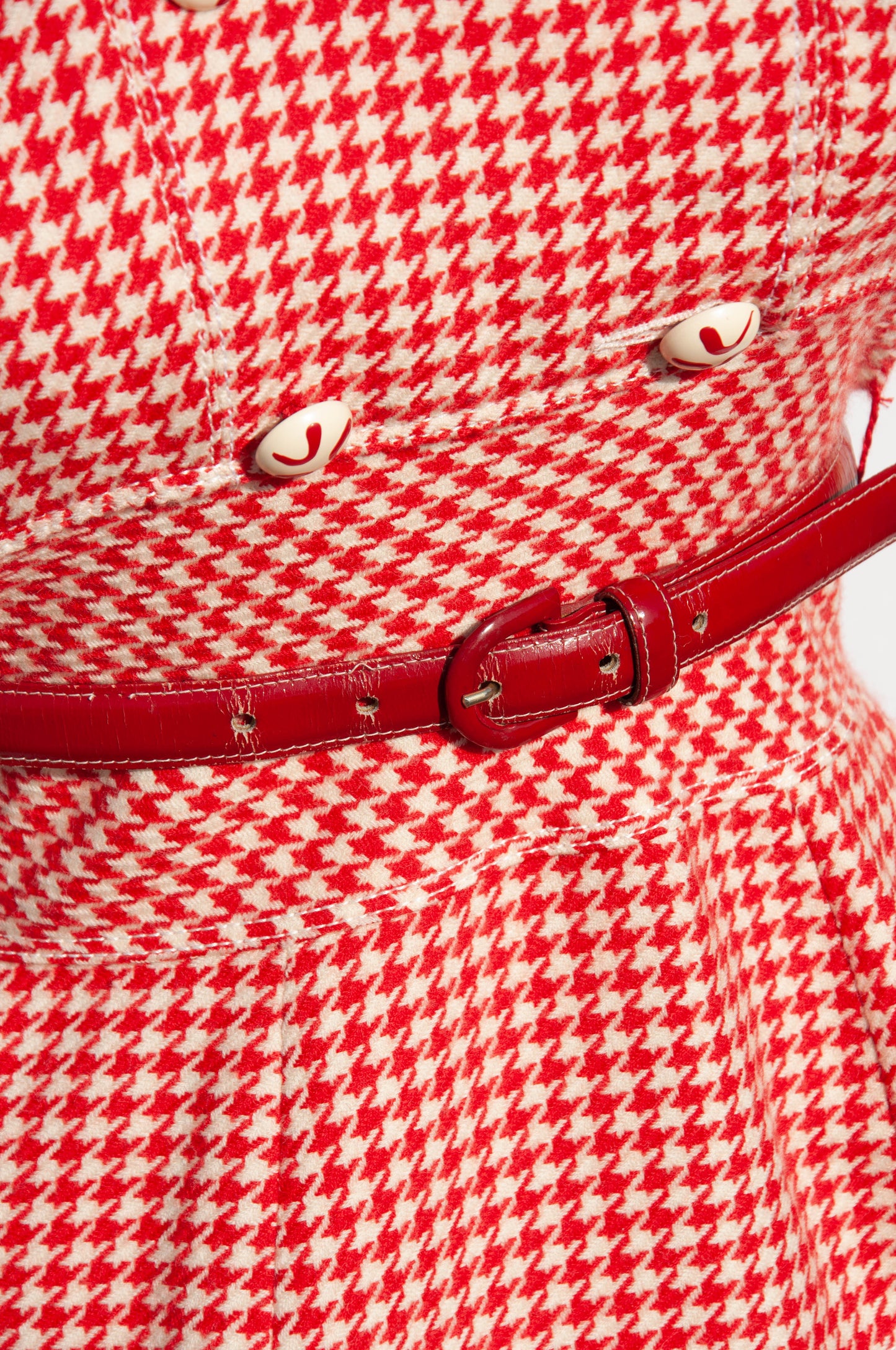 EMANUEL UNGARO SPRING 1996 RED AND WHITE HOUNDSTOOTH WOOL DRESS
