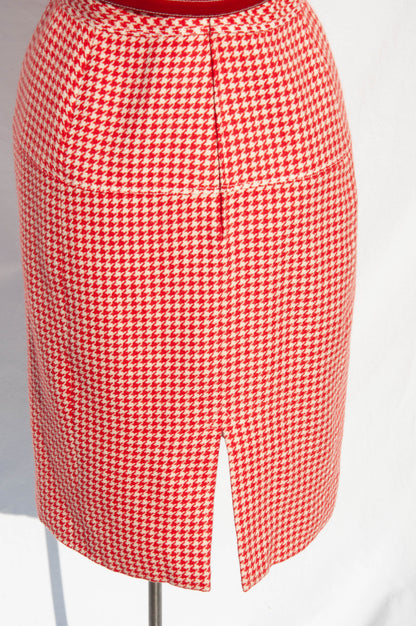 EMANUEL UNGARO SPRING 1996 RED AND WHITE HOUNDSTOOTH WOOL DRESS
