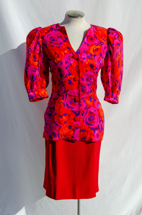 FLORA KUNG VINTAGE PINK AND RED SILK DRESS SUIT