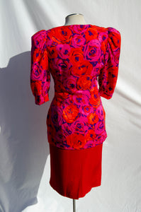 FLORA KUNG VINTAGE PINK AND RED SILK DRESS SUIT