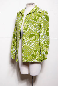 70S PYKETTES GREEN FLORAL BUTTON DOWN LONG SLEEVE SHIRT