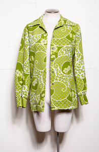 70S PYKETTES GREEN FLORAL BUTTON DOWN LONG SLEEVE SHIRT