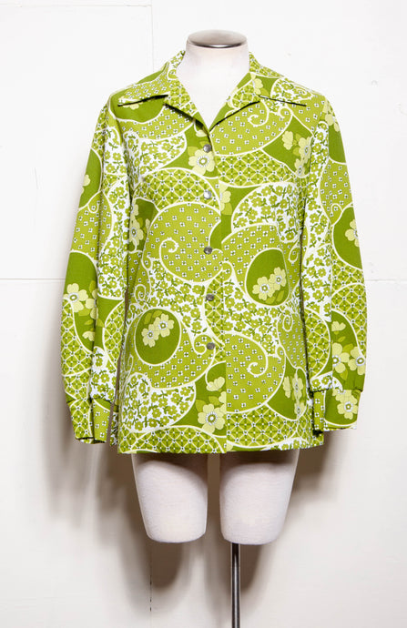 70S PYKETTES GREEN FLORAL BUTTON DOWN LONG SLEEVE SHIRT