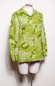 70S PYKETTES GREEN FLORAL BUTTON DOWN LONG SLEEVE SHIRT