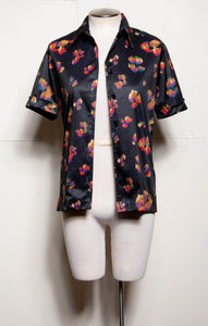70S MULTICOLOR ABSTRACT FLORAL PRINTED BLACK SHORTSLEEVE SHIRT
