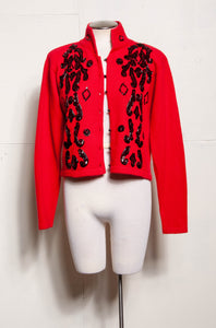 CLAUDE VERNET RED ANGORA EMBROIDERED BLACK SEQUIN CARDIGAN