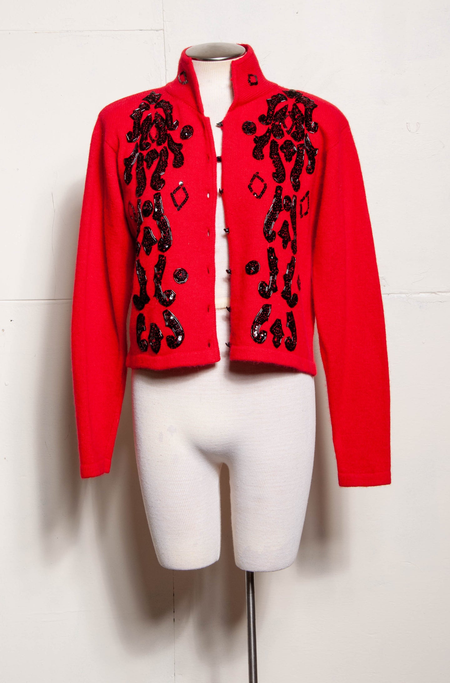 CLAUDE VERNET RED ANGORA EMBROIDERED BLACK SEQUIN CARDIGAN