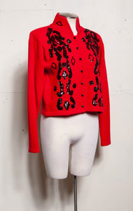 CLAUDE VERNET RED ANGORA EMBROIDERED BLACK SEQUIN CARDIGAN