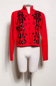 CLAUDE VERNET RED ANGORA EMBROIDERED BLACK SEQUIN CARDIGAN
