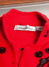 CLAUDE VERNET RED ANGORA EMBROIDERED BLACK SEQUIN CARDIGAN