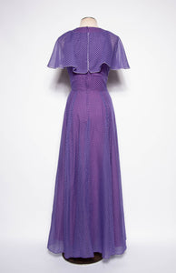 COCO CALIFORNIA 1970S VINTAGE PURPLE AND WHITE POLKA DOT MAXI GOWN