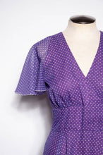 COCO CALIFORNIA 1970S VINTAGE PURPLE AND WHITE POLKA DOT MAXI GOWN