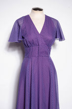 COCO CALIFORNIA 1970S VINTAGE PURPLE AND WHITE POLKA DOT MAXI GOWN