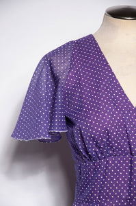 COCO CALIFORNIA 1970S VINTAGE PURPLE AND WHITE POLKA DOT MAXI GOWN