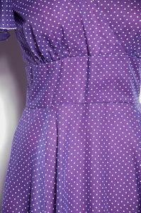 COCO CALIFORNIA 1970S VINTAGE PURPLE AND WHITE POLKA DOT MAXI GOWN