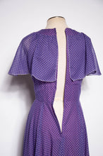 COCO CALIFORNIA 1970S VINTAGE PURPLE AND WHITE POLKA DOT MAXI GOWN