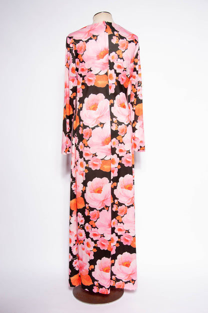 MISS ELLIETTE 1970S PINK AND ORANGE FLORAL GOWN