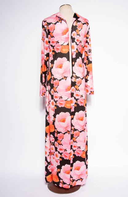 MISS ELLIETTE 1970S PINK AND ORANGE FLORAL GOWN