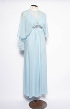 VINTAGE 1970S LIGHT BLUE CHIFFON CINDERELLA CAPELET GOWN