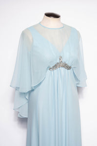 VINTAGE 1970S LIGHT BLUE CHIFFON CINDERELLA CAPELET GOWN