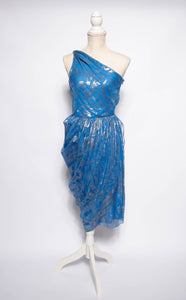 BILL BLASS 1970S GOLD METALLIC WOVEN BLUE SILK COCKTAIL DRESS