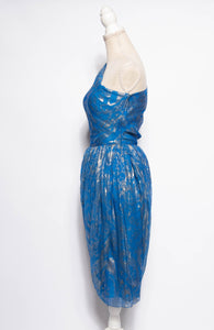 BILL BLASS 1970S GOLD METALLIC WOVEN BLUE SILK COCKTAIL DRESS