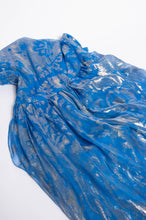 BILL BLASS 1970S GOLD METALLIC WOVEN BLUE SILK COCKTAIL DRESS