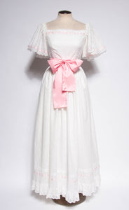 LITTLE BO PEEP 1970S WHITE EYELET AND PINK BOW GOWN