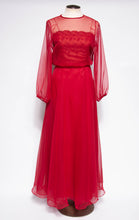 MISS ELLIETTE 1970S VINTAGE CRANBERRY CHIFFON EMBROIDERED GOWN