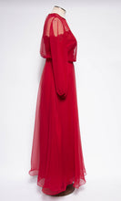 MISS ELLIETTE 1970S VINTAGE CRANBERRY CHIFFON EMBROIDERED GOWN