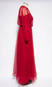 MISS ELLIETTE 1970S VINTAGE CRANBERRY CHIFFON EMBROIDERED GOWN
