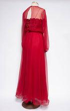 MISS ELLIETTE 1970S VINTAGE CRANBERRY CHIFFON EMBROIDERED GOWN