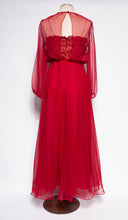 MISS ELLIETTE 1970S VINTAGE CRANBERRY CHIFFON EMBROIDERED GOWN
