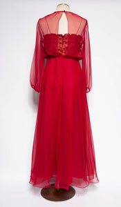 MISS ELLIETTE 1970S VINTAGE CRANBERRY CHIFFON EMBROIDERED GOWN