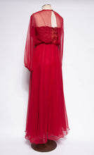 MISS ELLIETTE 1970S VINTAGE CRANBERRY CHIFFON EMBROIDERED GOWN