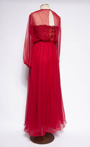 MISS ELLIETTE 1970S VINTAGE CRANBERRY CHIFFON EMBROIDERED GOWN