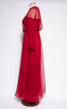 MISS ELLIETTE 1970S VINTAGE CRANBERRY CHIFFON EMBROIDERED GOWN