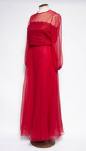 MISS ELLIETTE 1970S VINTAGE CRANBERRY CHIFFON EMBROIDERED GOWN