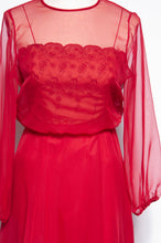 MISS ELLIETTE 1970S VINTAGE CRANBERRY CHIFFON EMBROIDERED GOWN