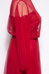 MISS ELLIETTE 1970S VINTAGE CRANBERRY CHIFFON EMBROIDERED GOWN